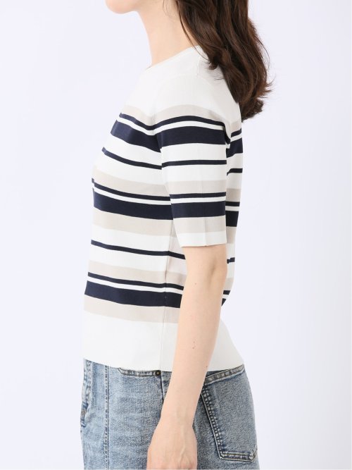 快適機能 ボーダー クルー 半袖 ニット プルオーバー