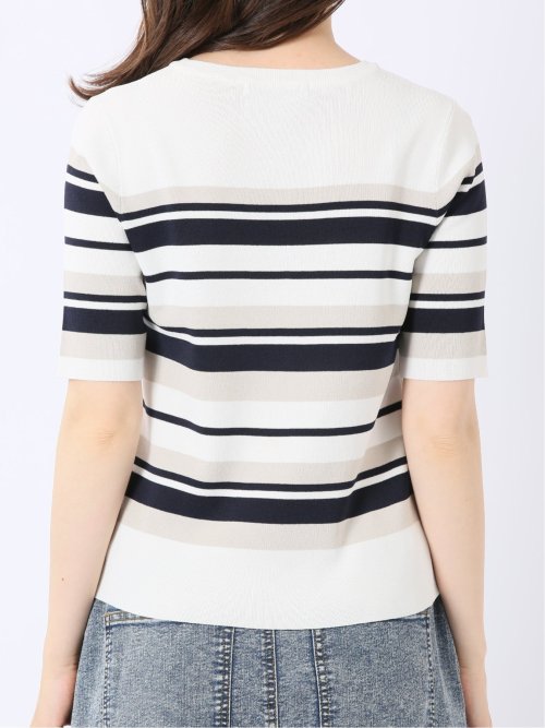 快適機能 ボーダー クルー 半袖 ニット プルオーバー