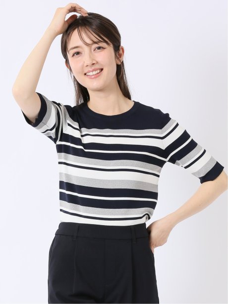 快適機能 ボーダー クルー 半袖 ニット プルオーバー