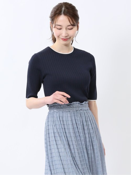 快適機能 配色リブ クルーネック 半袖ニット