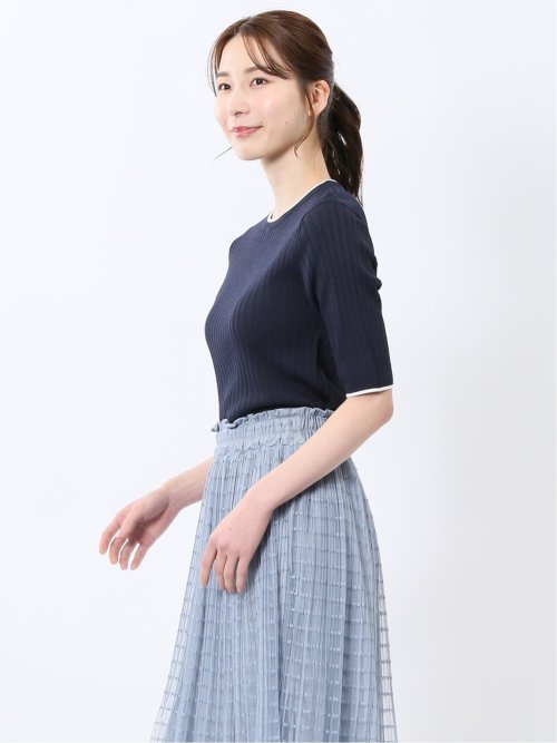 快適機能 配色リブ クルーネック 半袖ニット