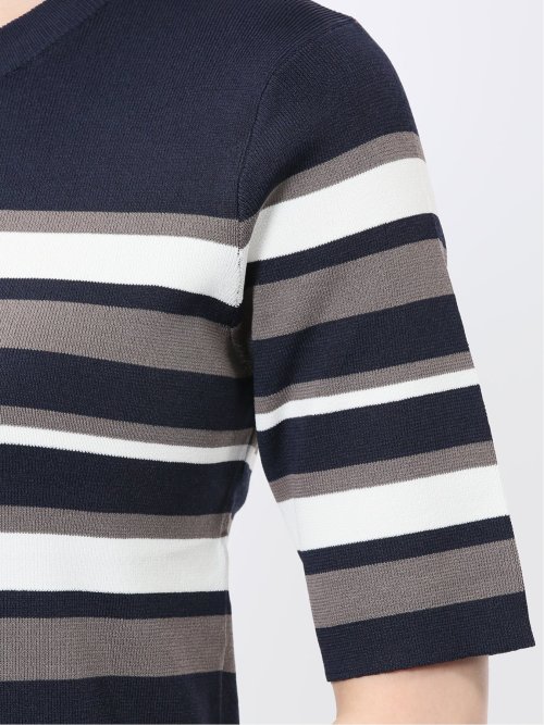 快適機能 ボーダークルーネック 半袖ニット