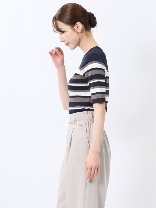 快適機能 ボーダークルーネック 半袖ニット