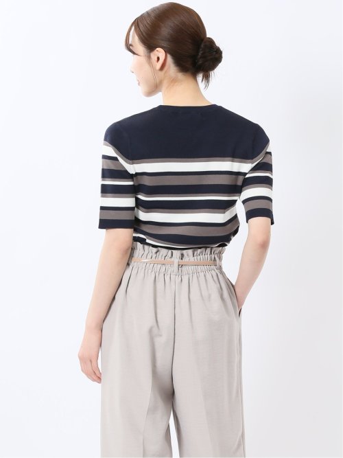 快適機能 ボーダークルーネック 半袖ニット