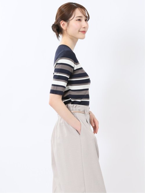 快適機能 ボーダークルーネック 半袖ニット