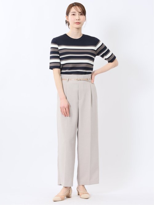 快適機能 ボーダークルーネック 半袖ニット