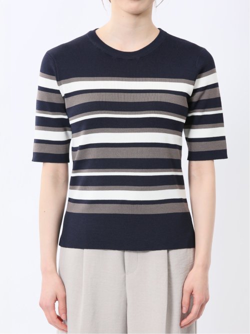 快適機能 ボーダークルーネック 半袖ニット