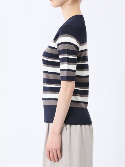 快適機能 ボーダークルーネック 半袖ニット