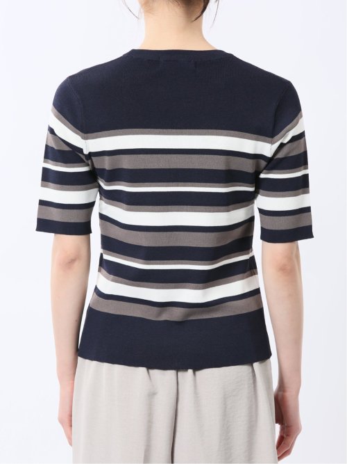 快適機能 ボーダークルーネック 半袖ニット