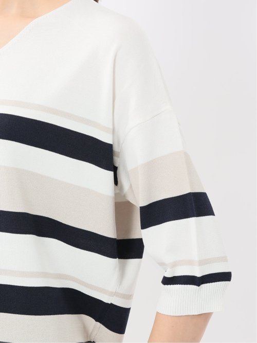 快適機能 ボーダー Vネック 半袖ニット