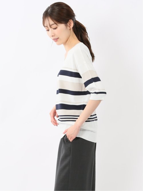 快適機能 ボーダー Vネック 半袖ニット