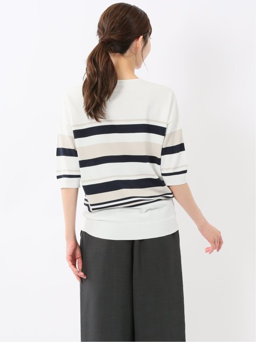 快適機能 ボーダー Vネック 半袖ニット