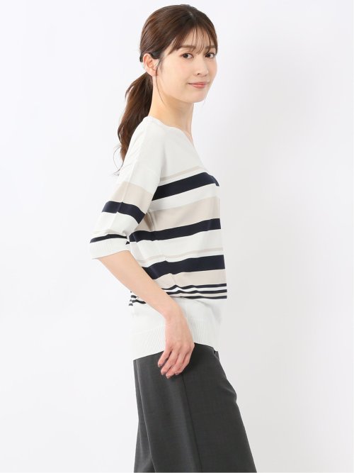 快適機能 ボーダー Vネック 半袖ニット
