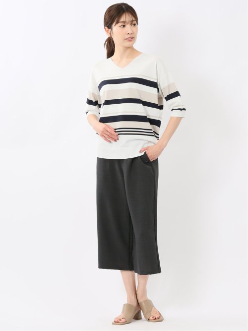 快適機能 ボーダー Vネック 半袖ニット