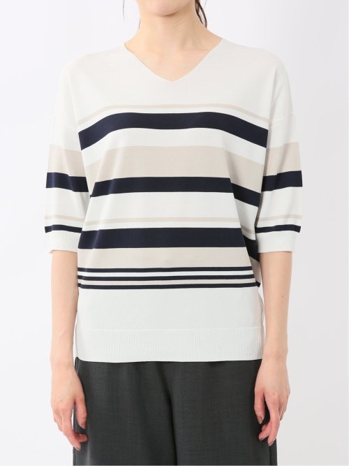 快適機能 ボーダー Vネック 半袖ニット