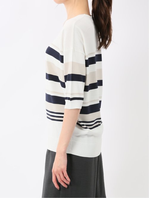 快適機能 ボーダー Vネック 半袖ニット