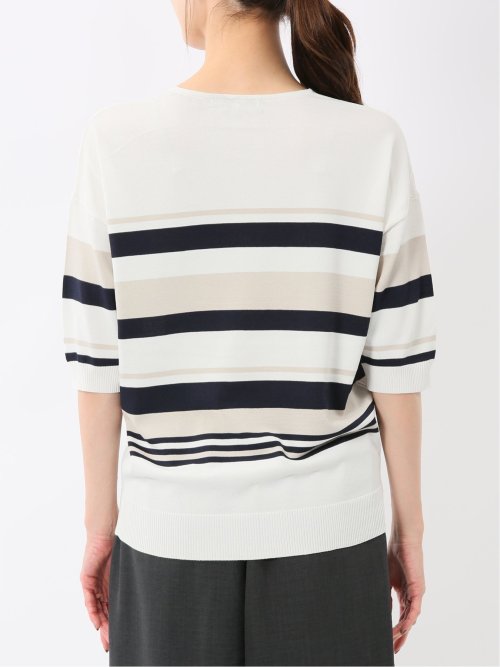 快適機能 ボーダー Vネック 半袖ニット