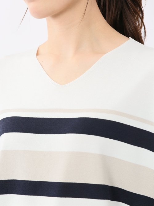 快適機能 ボーダー Vネック 半袖ニット