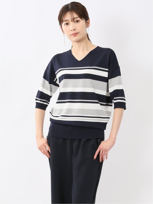 快適機能 ボーダー Vネック 半袖ニット
