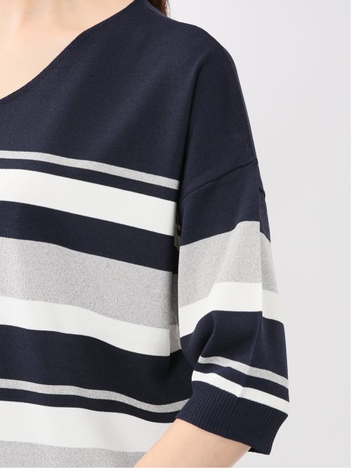 快適機能 ボーダー Vネック 半袖ニット