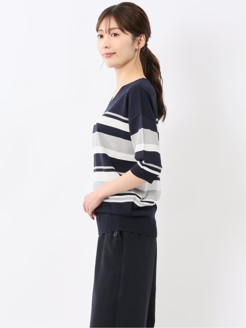 快適機能 ボーダー Vネック 半袖ニット