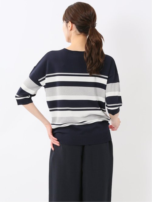 快適機能 ボーダー Vネック 半袖ニット