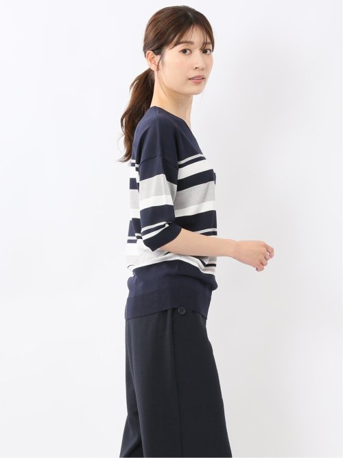 快適機能 ボーダー Vネック 半袖ニット