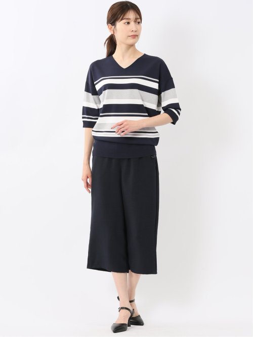 快適機能 ボーダー Vネック 半袖ニット