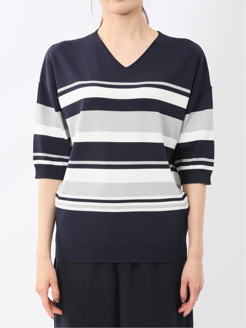 快適機能 ボーダー Vネック 半袖ニット