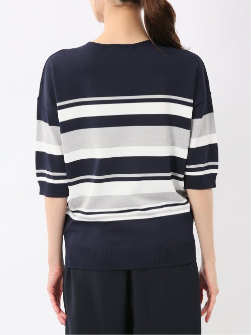 快適機能 ボーダー Vネック 半袖ニット