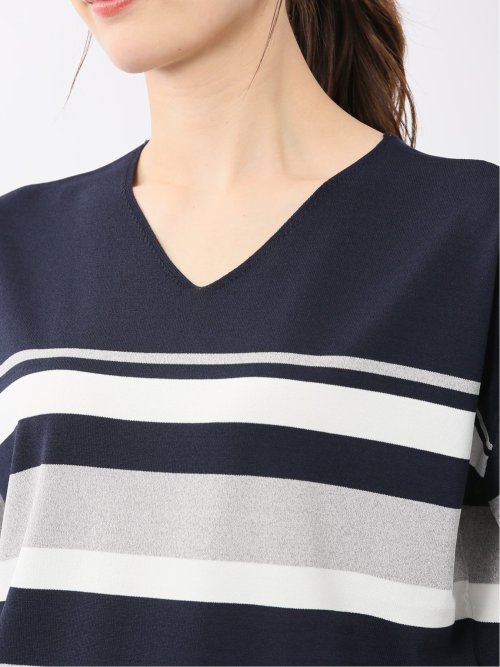 快適機能 ボーダー Vネック 半袖ニット