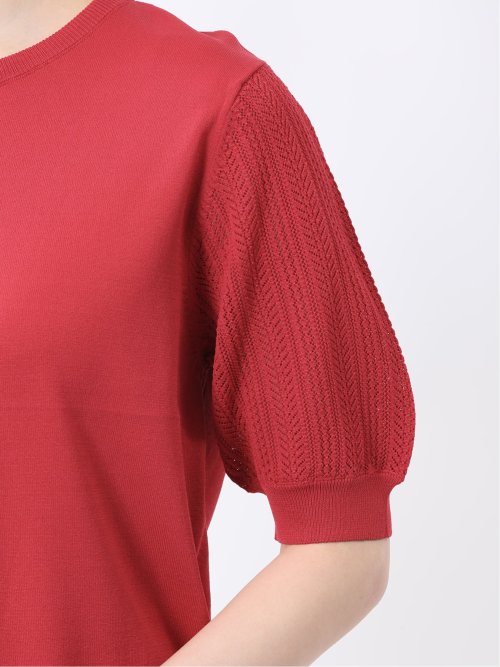 快適機能 透かし編み クルーネック 半袖ニット