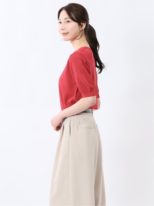 快適機能 透かし編み クルーネック 半袖ニット