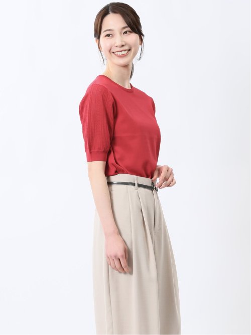 快適機能 透かし編み クルーネック 半袖ニット