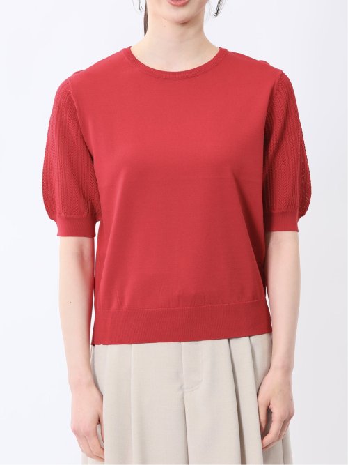 快適機能 透かし編み クルーネック 半袖ニット