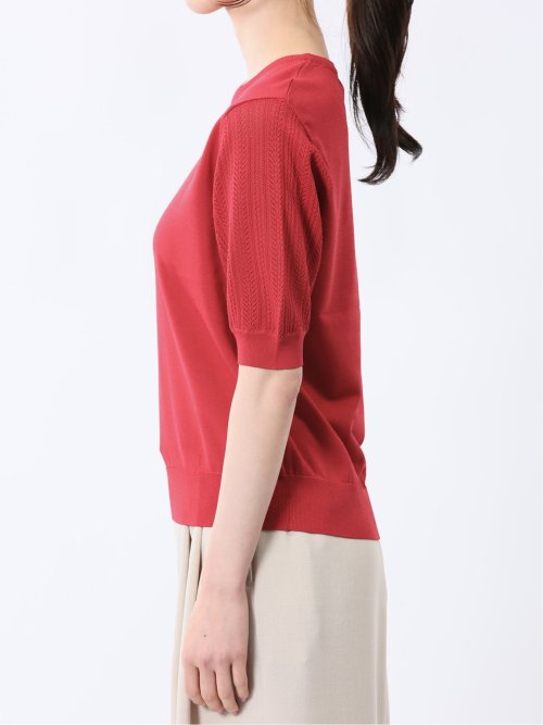 快適機能 透かし編み クルーネック 半袖ニット