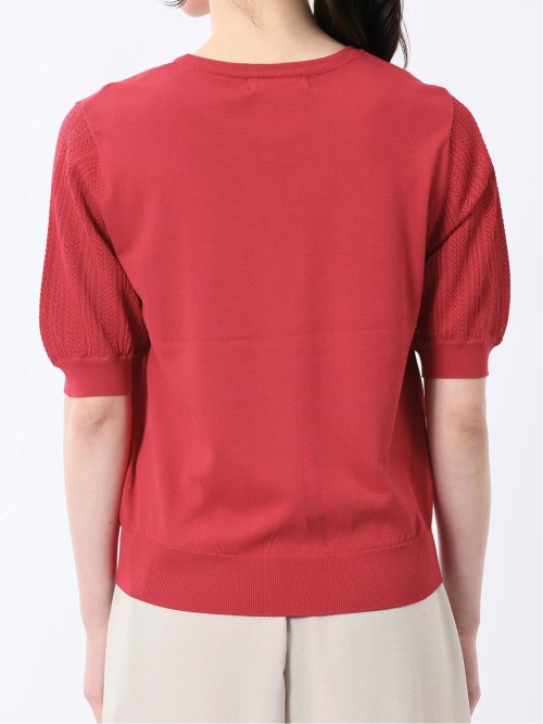 快適機能 透かし編み クルーネック 半袖ニット