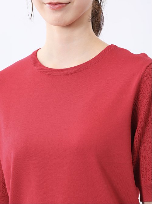 快適機能 透かし編み クルーネック 半袖ニット