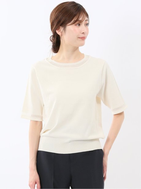 ハンドウォッシャブル シアー 切替 クルーネック 半袖 ニット プルオーバー