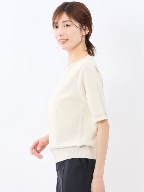 ハンドウォッシャブル シアー 切替 クルーネック 半袖 ニット プルオーバー