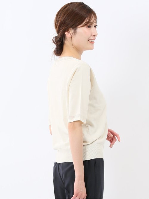 ハンドウォッシャブル シアー 切替 クルーネック 半袖 ニット プルオーバー