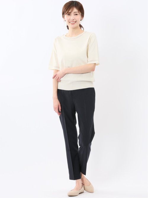 ハンドウォッシャブル シアー 切替 クルーネック 半袖 ニット プルオーバー