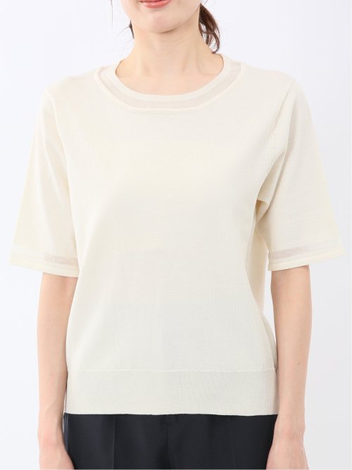 ハンドウォッシャブル シアー 切替 クルーネック 半袖 ニット プルオーバー