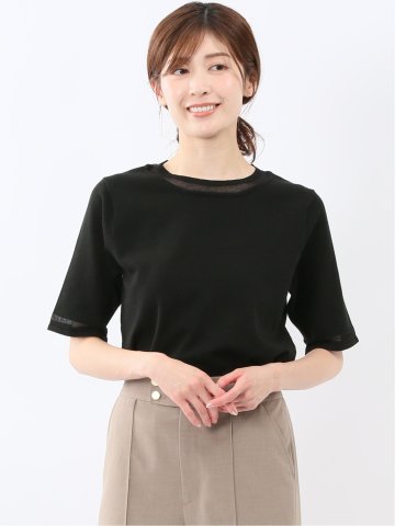 ハンドウォッシャブル シアー 切替 クルーネック 半袖 ニット プルオーバー