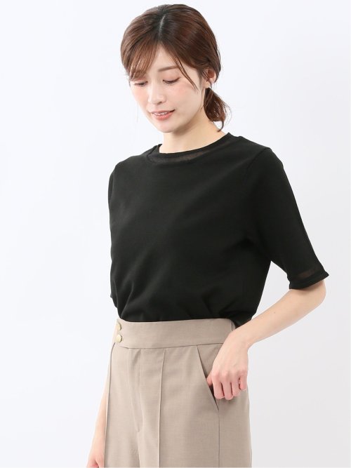 ハンドウォッシャブル シアー 切替 クルーネック 半袖 ニット プルオーバー