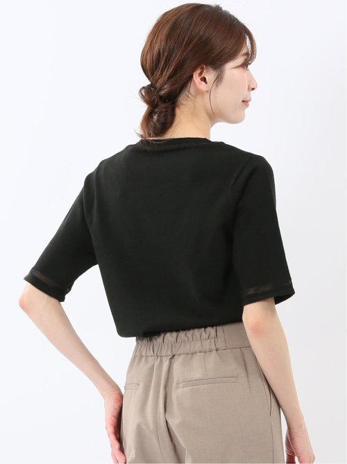 ハンドウォッシャブル シアー 切替 クルーネック 半袖 ニット プルオーバー