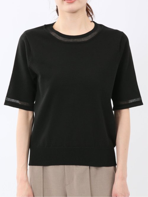 ハンドウォッシャブル シアー 切替 クルーネック 半袖 ニット プルオーバー