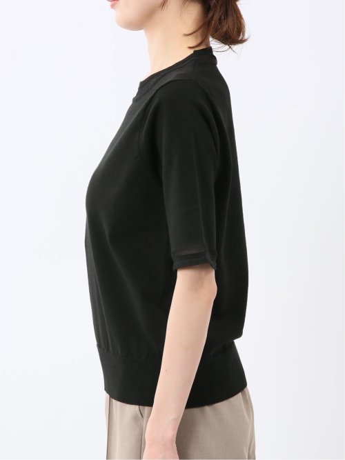 ハンドウォッシャブル シアー 切替 クルーネック 半袖 ニット プルオーバー