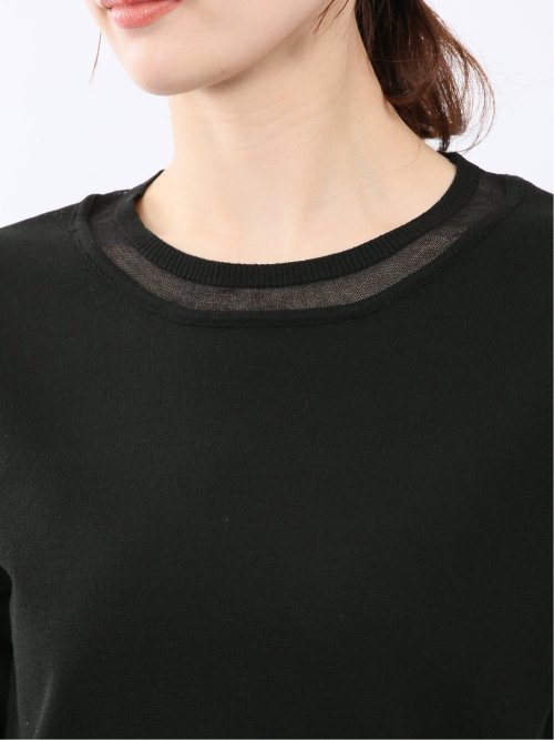 ハンドウォッシャブル シアー 切替 クルーネック 半袖 ニット プルオーバー