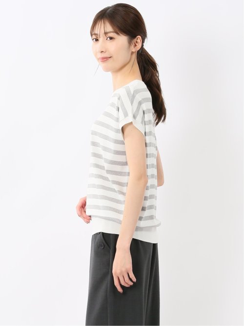 快適機能 ボーダー フレンチ袖 クルーニット